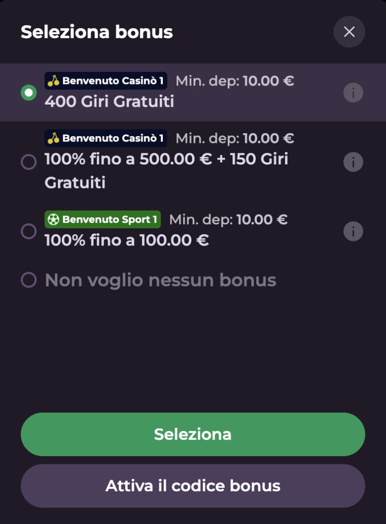 Seleziona bonus RockySpin